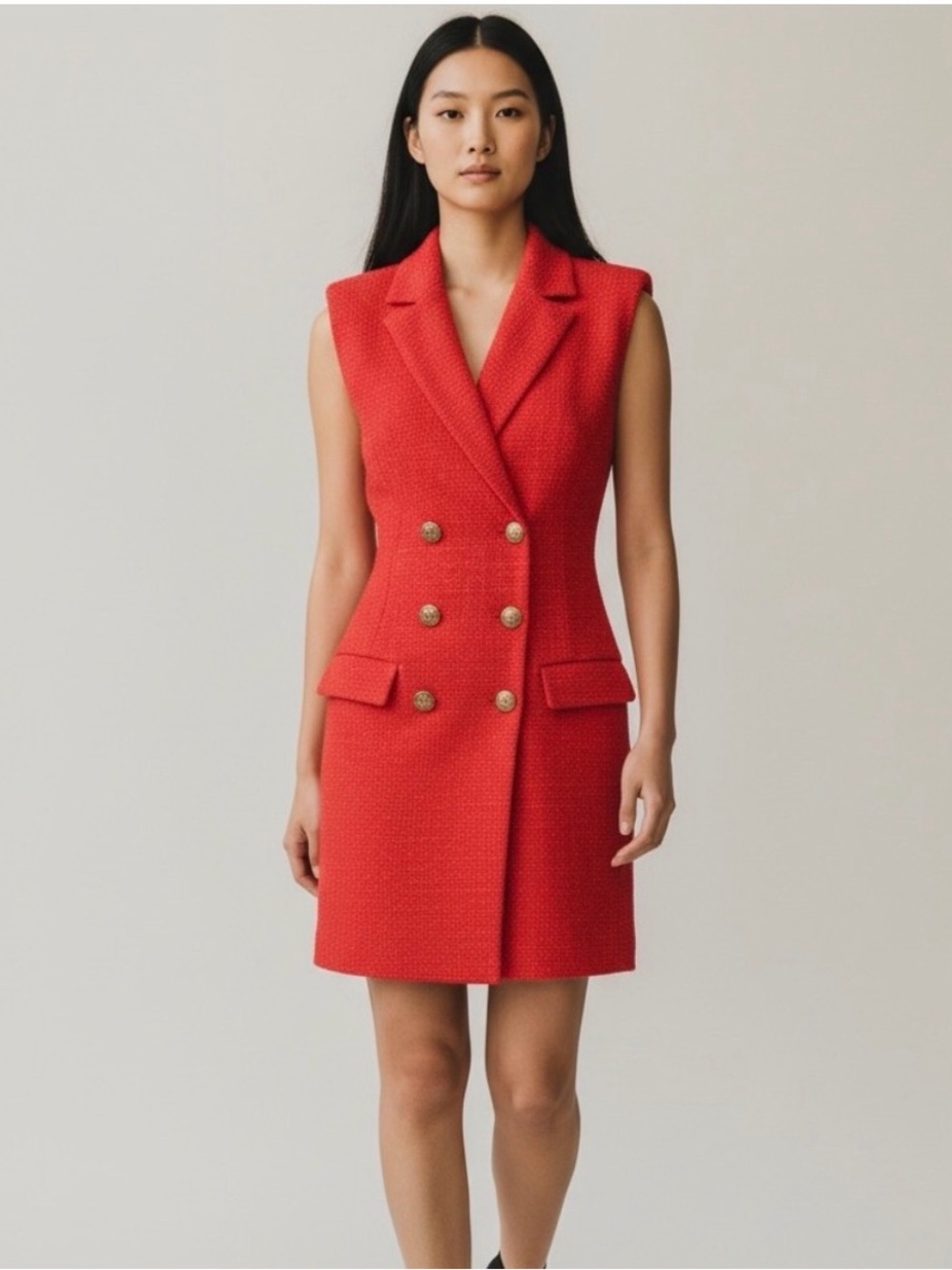 Jason Wu Red Tweed Double Breasted Sleeveless Blazer Dress Size L